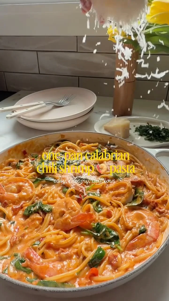 one-pan calabrian chili shrimp pasta made in 30 min flat. creamy but light and perfect for cold weather. i’ve been SO cold lately. comment COZY and i’ll DM you this recipe.