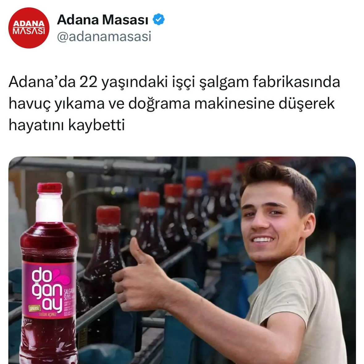 Adana’da şalgam üretim fabrikasında meydana gelen iş kazası genç bir işçinin yaşamına mal oldu. 22 yaşındaki Sami Can, Sarıçam ilçesinde şalgam suyu üretimi yapılan doğanay şalgam üretim fabrikasında çalıştığı sırada ha...