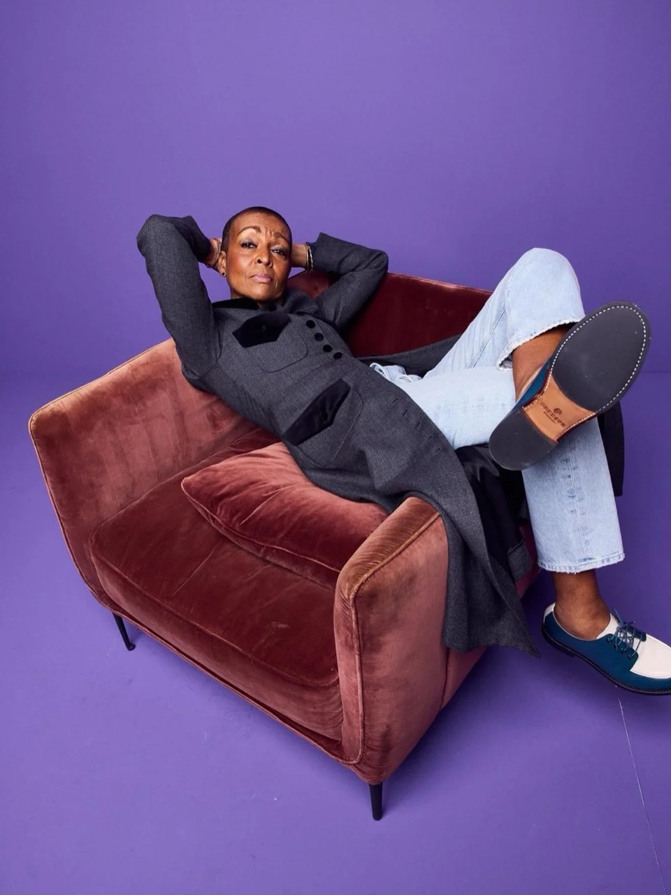 @gettyentertainment shoot for @scadtvfest featuring Adjoa Andoh and Golda Rosheuvel in celebration of Bridgerton Season 4 Atlanta Adjoa Andoh Grey coat @liberowe__ Jeans @citizensofhumanity Shoes @grensonshoes Makeup @d...