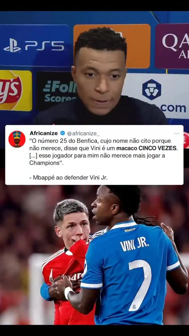 Foi Kylian Mbappé quem foi para os microfones expor a gravidade da situação. Segundo o francês, Prestianni colocou a camisa sobre a boca (para fugir das câmeras) e chamou Vini de “macaco” cinco vezes. Imagem/Vídeo/Repro...