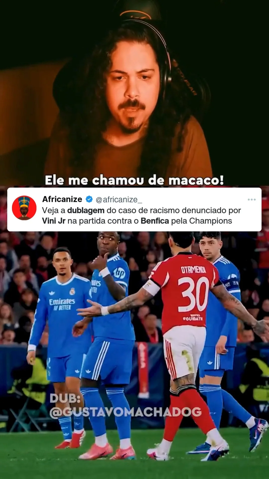 O dublador Gustavo Machado (@gustavomachadog) dubla toda a sequência da confusão desde o gol do brasileiro na partida contra o Benfica. Vídeo/Reprodução: @gustavomachadog #AfricanizeOficial