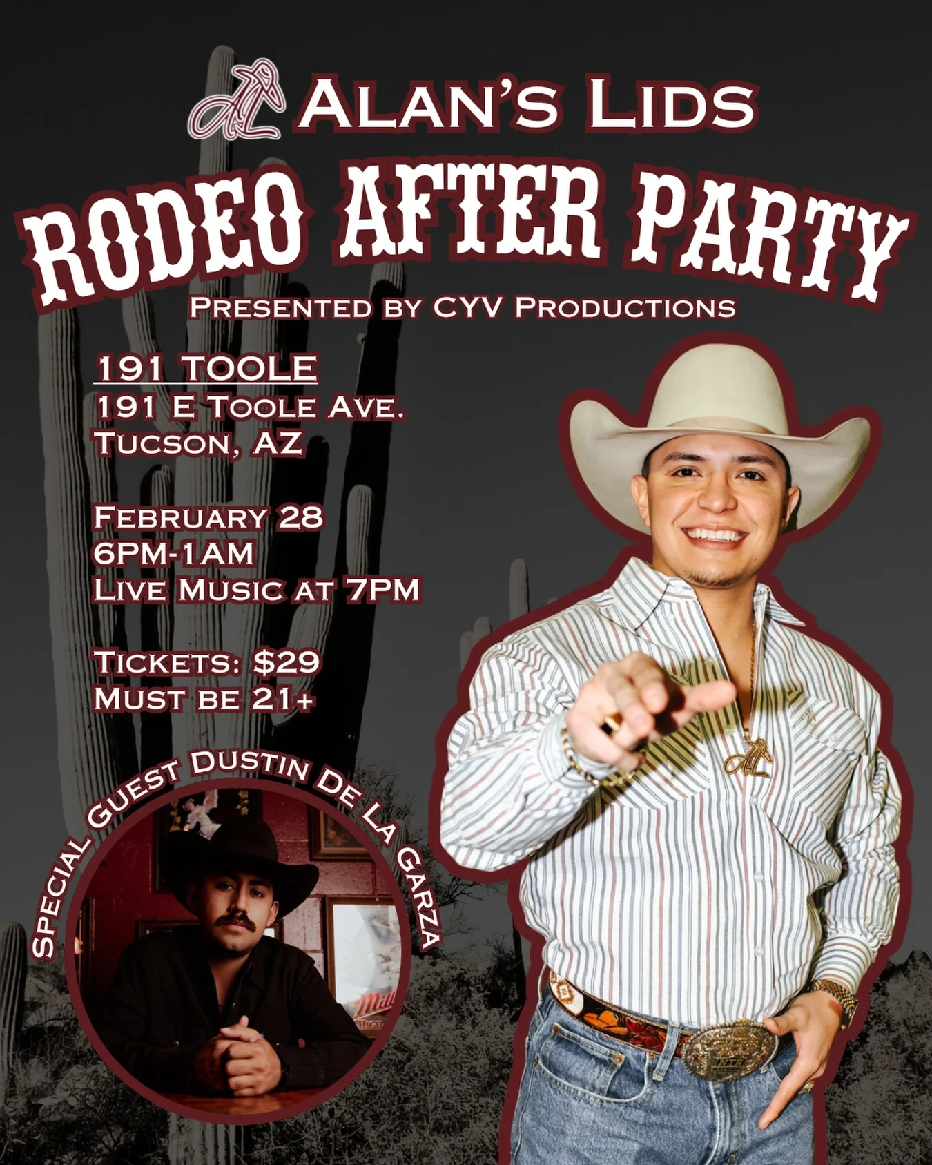 New Venue, Same Party! Let’s go! They tried to shut us down, but the party is still rolling to Tucson, Arizona! Join us for our Rodeo After Party NOW at 191 Toole on February 28th! We’ll have live music from Kolten Kemp...