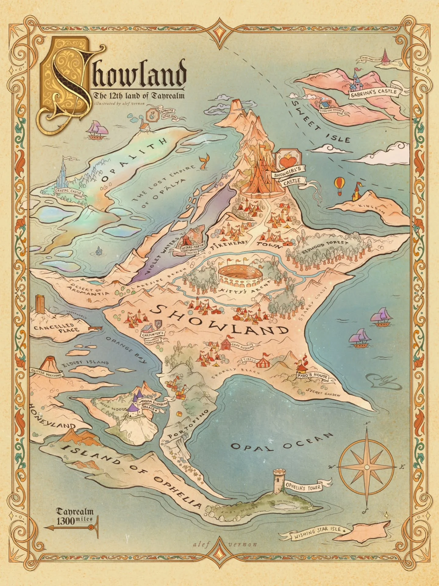 The Map of Showland, the realm of Showgirl in Tayrealm ❤️‍✨️ - l've finally illustrated the detailed map of the Showland! I've illustrated so many places inspired by the lyrics from TLOAS ♡ I hope you like it ♡ (swipe t...