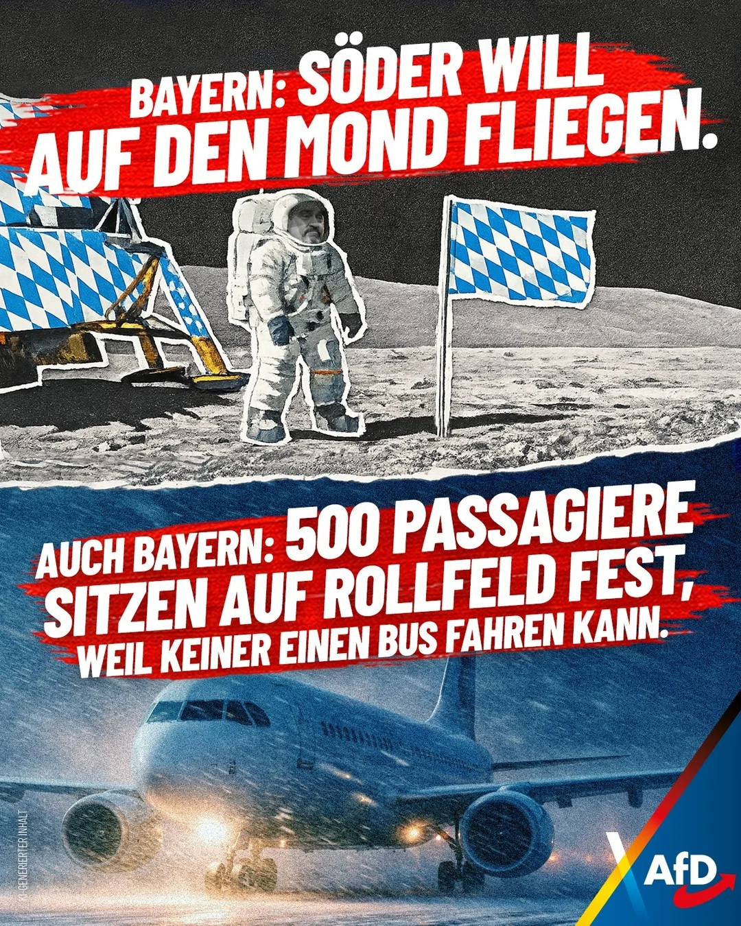 Bayern: #CSU-Söder will mit dem Raumfahrtprogramm "Bavaria One" auf den Mond fliegen. Auch #Bayern: Hunderte Passagiere müssen über Nacht in mehreren Flugzeugen auf dem Flugfeld ausharren, weil niemand einen Bus fahren...
