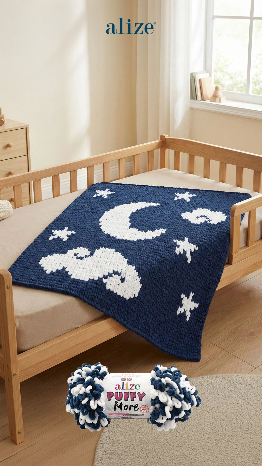 Çift taraflı kullanabileceğiniz gökyüzü desenli battaniye ☁️ ✨ ☁️ Alize Puffy More’un iki renkli hazır ilmekleriyle şiş ve tığ kullanmadan kolaylıkla yapabilirsiniz. Detaylı anlatım YouTube kanalımızda! Battaniyenin şab...