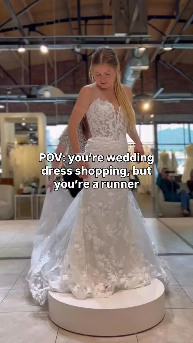 And this is FEBRUARY. It will only get worse Can you tell that I have a fave sports bra? (it’s the @oiselle Open Lane bra) Dresses are from @grace_loves_lace and @luv_bridal #weddingdressshopping #runnerwedding