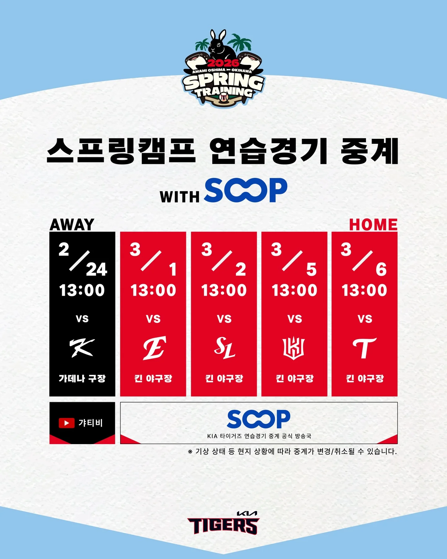- 오키나와 연습경기 중계 오키나와에서 진행되는 연습경기(홈 4, 원정 1) 중계를 진행합니다! [갸티비 중계] ⏰ 일정 2/24 13:00 VS 대한민국 국가 대표팀 [SOOP 단독 생중계] KIA 타이거즈 연습경기 SOOP 방송국 : https://www.sooplive.co.kr/station/kiatigerstv ⏰ 일정 3/1 13:00 VS 한화 이글스 ️장성호 해설, 김태우 캐...