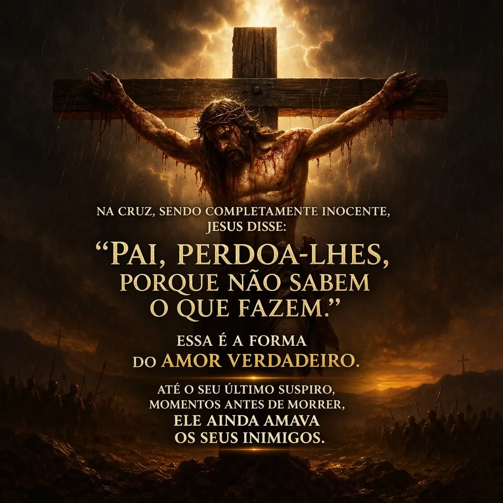 Na Cruz não vemos apenas dor.
Vemos uma decisão.

Jesus poderia ter se defendido. Poderia ter se revoltado. Poderia ter condenado aqueles que O feriam. Mas Ele escolheu algo que o mundo não entende: Ele escolheu amar.

No momento em que mais sofreu, quando o corpo já estava ferido e a alma esmagada pela injustiça, saiu de Seus lábios uma oração:
“Pai, perdoa-lhes.”

Isso muda tudo.

Porque amar quando somos amados é fácil.
Amar quando somos compreendidos é natural.
Mas amar quando somos feridos é divino.

A Cruz revela que o verdadeiro amor não é sentimento, é entrega.
Não é emoção passageira, é decisão profunda.

Quantas vezes guardamos mágoas, alimentamos lembranças dolorosas, construímos muros dentro do coração. E sem perceber, vamos nos tornando prisioneiros daquilo que nos fizeram.

Jesus mostra outro caminho.
O perdão não diminui você. O perdão liberta você.

Quem perdoa não perde, vence.
Quem perdoa não esquece a dor, transforma a dor.

Hoje, ao olhar para a Cruz, faça um pedido simples:
“Senhor, ensina-me a amar como Tu amaste.”

Porque é nesse aprendizado que começa a verdadeira paz.