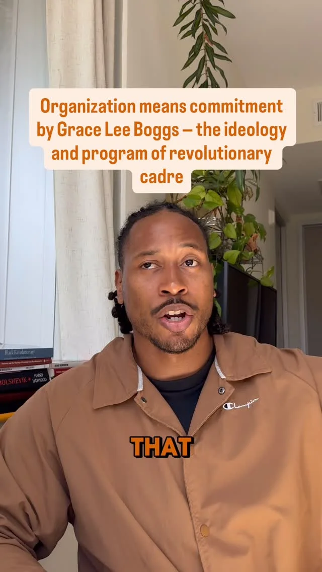 Continued reading of Organization Means Commitment by Grace Lee Boggs. You can find the full video in my bio. 

In this section of Organization Means Commitment, Grace Lee Boggs challenges us to stop mechanically applying past revolutionary strategies to our current moment without doing the work of analyzing our own conditions. Marx and Lenin developed their theories through systematic reflection on their specific realities, and we have to do the same today.
Boggs argues that the primary contradiction in the United States is not simply economic, but the contradiction between our advanced productive capacity and our lack of political consciousness and social responsibility. We have the ability to meet people’s needs, but we have not developed the culture, institutions, or consciousness to govern ourselves in a way that benefits everyone. Revolution, then, is not just about overthrowing systems, but transforming ourselves and building new ways of living and organizing.