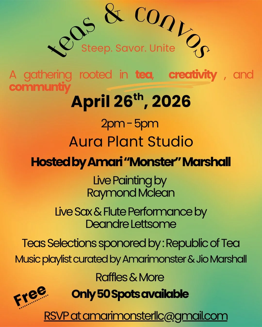 This is for all my tea lovers Teas & Convos is a Sunday tea gathering curated and hosted by Amari “Monster” Marshall — created as a peaceful pause from the pace of everyday life. Set inside the lush greenery of Aura Pla...