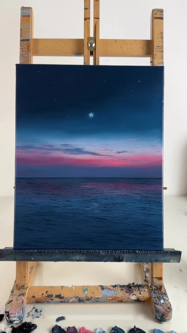 ‘Safe Under The Stars’ -24x30cm oil on canvas, currently available on my website #nightsky #fineart #art #oilpainting #oceanart