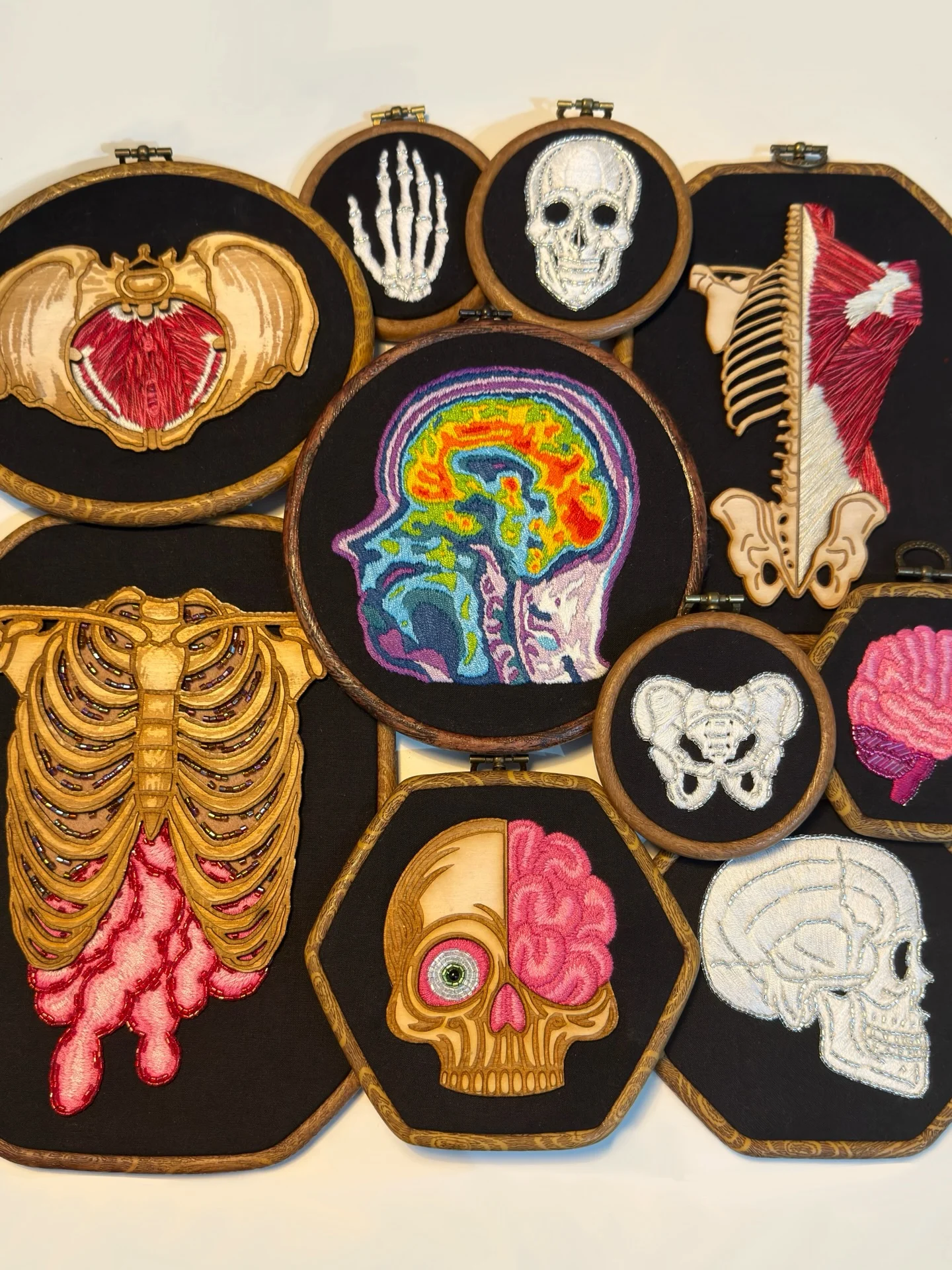 Some photos of the hoops I worked on this month! Currently away from home for a couple of weeks so my Etsy is digital items only (aka DIY patterns) until I get back, slowly answering all my messages and emails too (very...