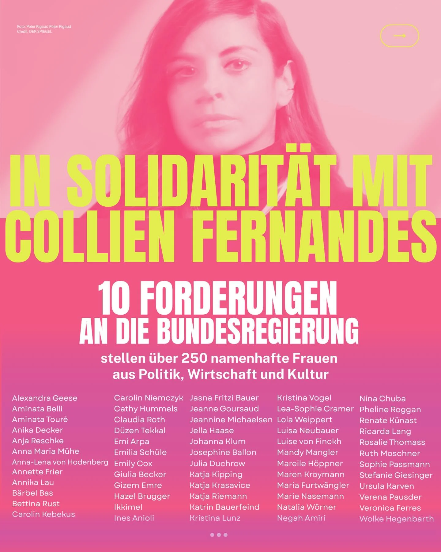 Wir sind über 250 Frauen aus Politik, Wirtschaft und Kultur. Wir sind entsetzt über die abscheuliche Gewalt, die Collien Fernandes öffentlich gemacht hat. Wir stehen in Solidarität an ihrer Seite und bewundern ihren Mut...