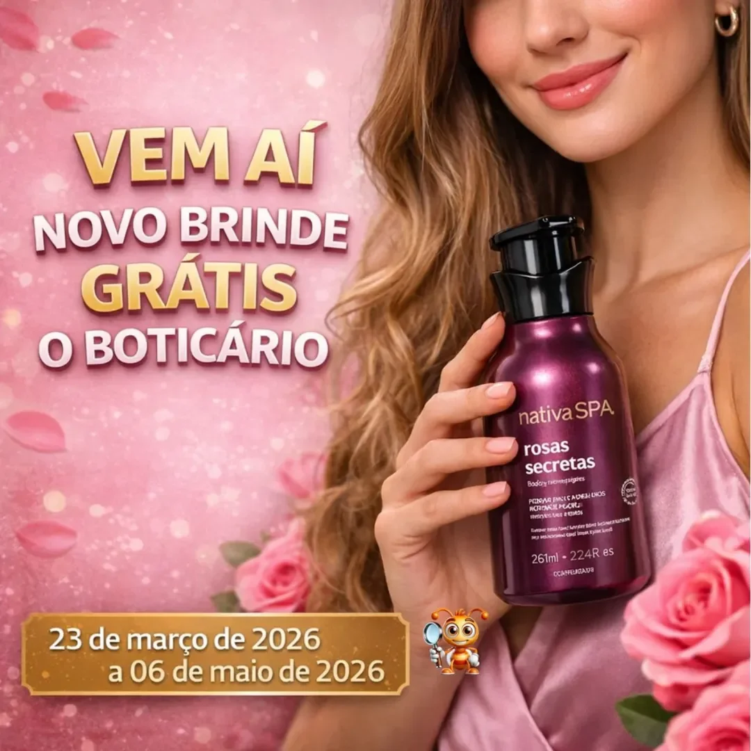 ✨ VEM AÍ NOVO BRINDE GRÁTIS O BOTICÁRIO! A partir do dia 23 de março de 2026, O Boticário vai distribuir o novo hidratante Nativa Spa Rosas Secretas totalmente GRÁTIS. Uma fragrância envolvente de rosas e uma hidratação...